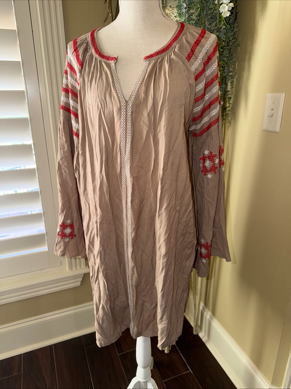 Hayden LA Tan Boho Dress Embroidered Size 1X Bell Sleeve Festival Cottagecore
